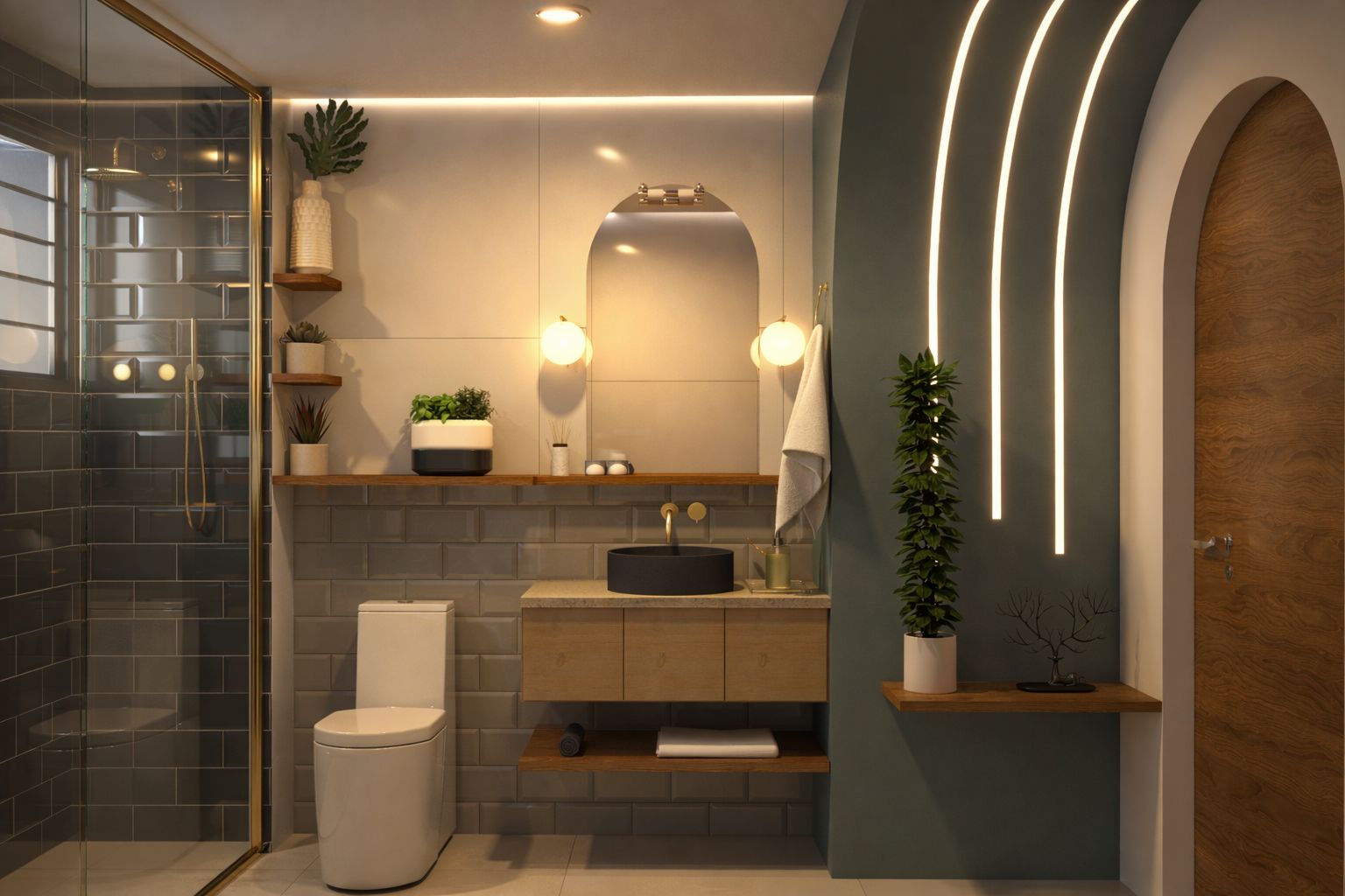 Banheiro art déco com revestimento verde, bancada de madeira e arco iluminado