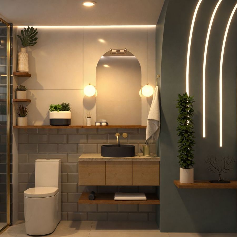 Banheiro art déco com revestimento verde, bancada de madeira e arco iluminado