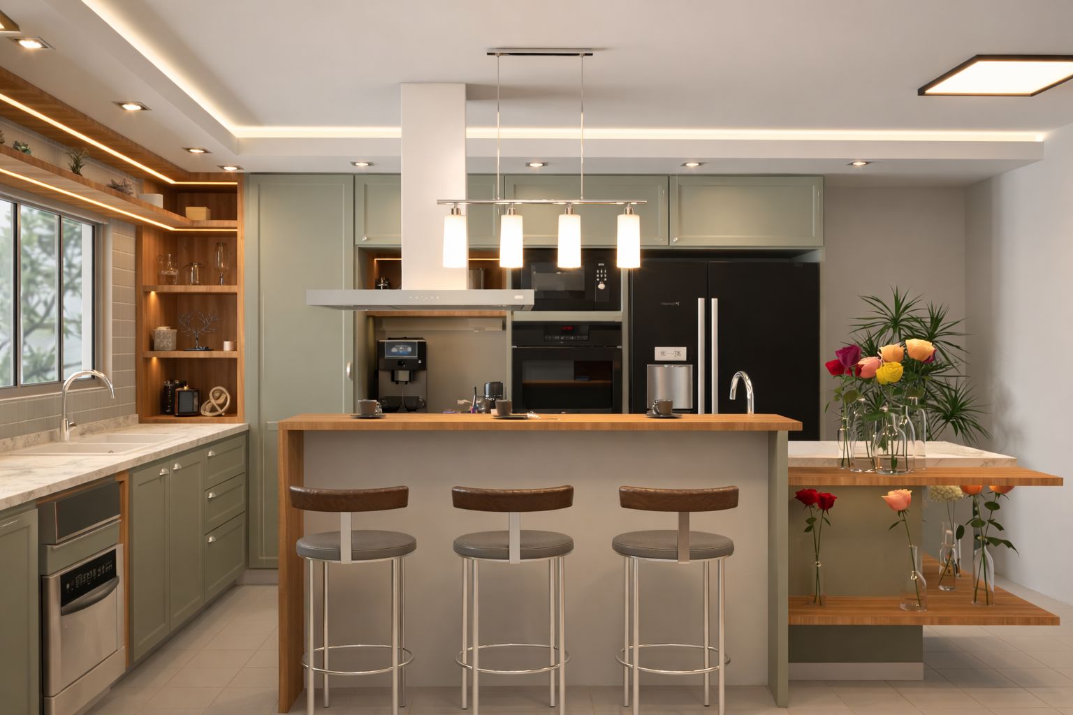 Cozinha Oliva com ilha central, marcenaria verde e tampo de madeira