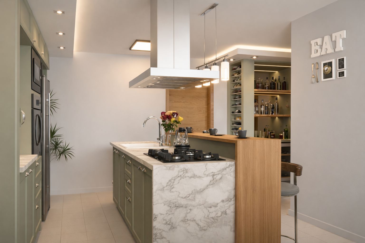 Ilha com cooktop em mármore e adega iluminada ao fundo