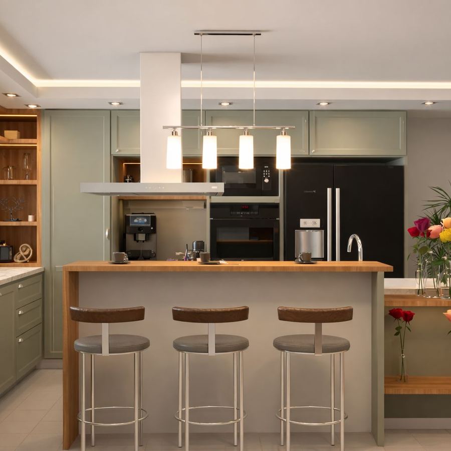Cozinha Oliva com ilha central, marcenaria verde e tampo de madeira