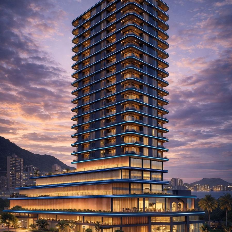 Torre do Energia 360 Home Club ao entardecer, vista da avenida beira-mar