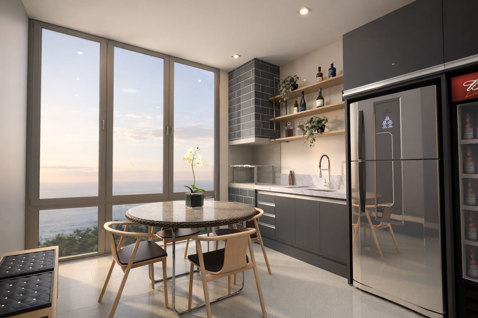 Cozinha integrada do apartamento, com mesa e vista para o mar