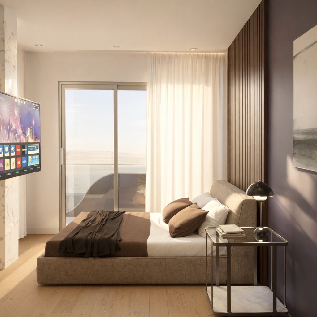 Suíte do apartamento decorado, com painel ripado e cortina