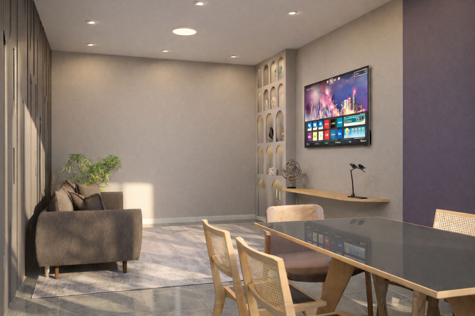 Sala de jantar com parede de acento e nichos arqueados