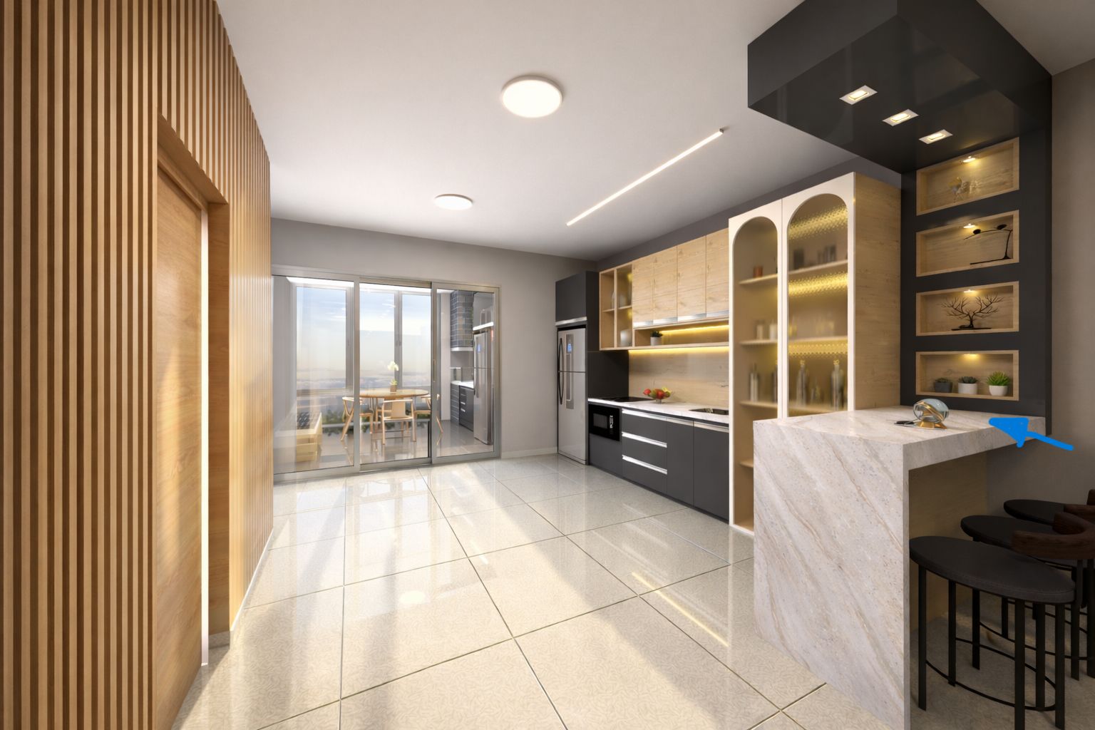 Circulação com painel ripado e cozinha com bancada de mármore