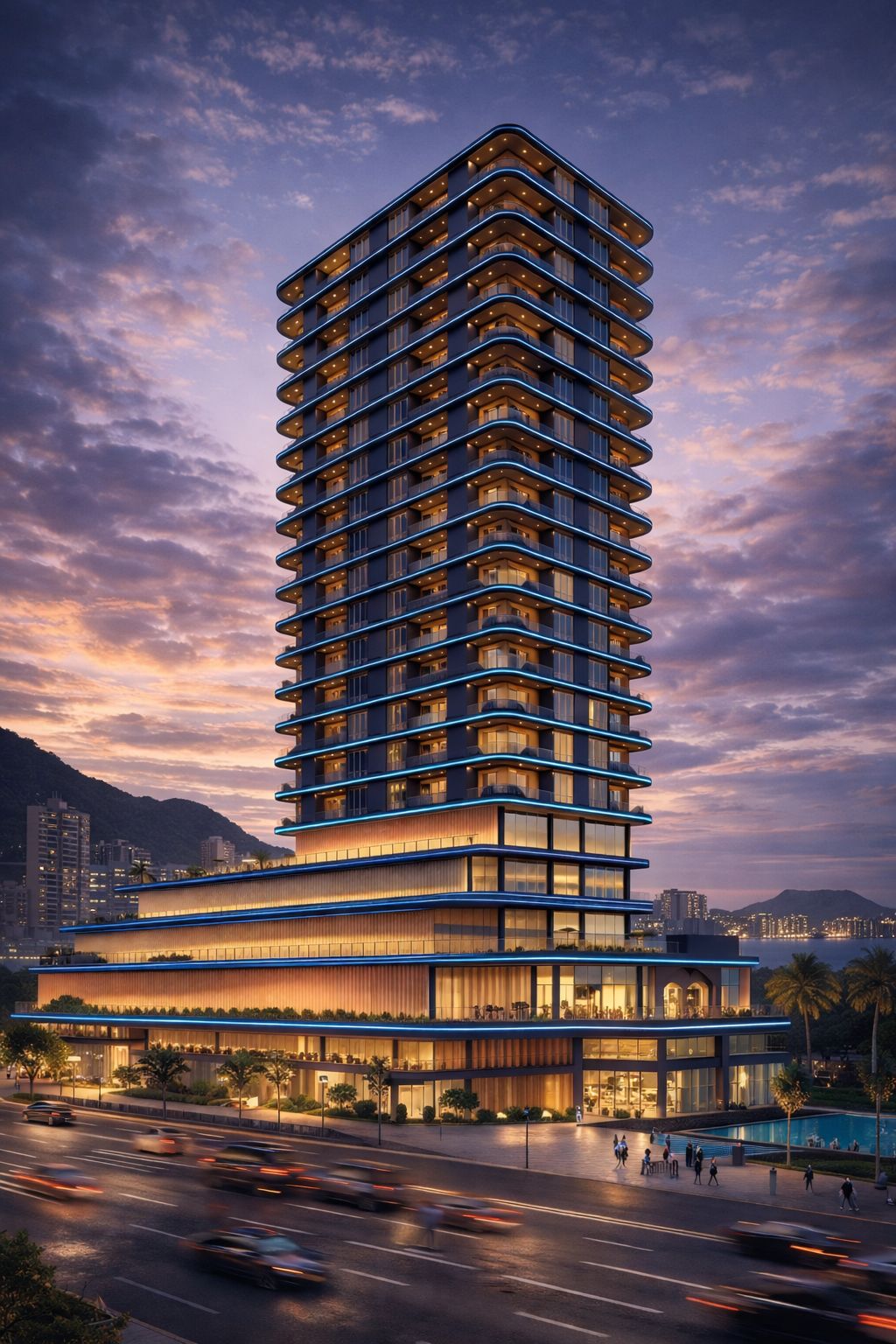 Torre do Energia 360 Home Club ao entardecer, vista da avenida beira-mar
