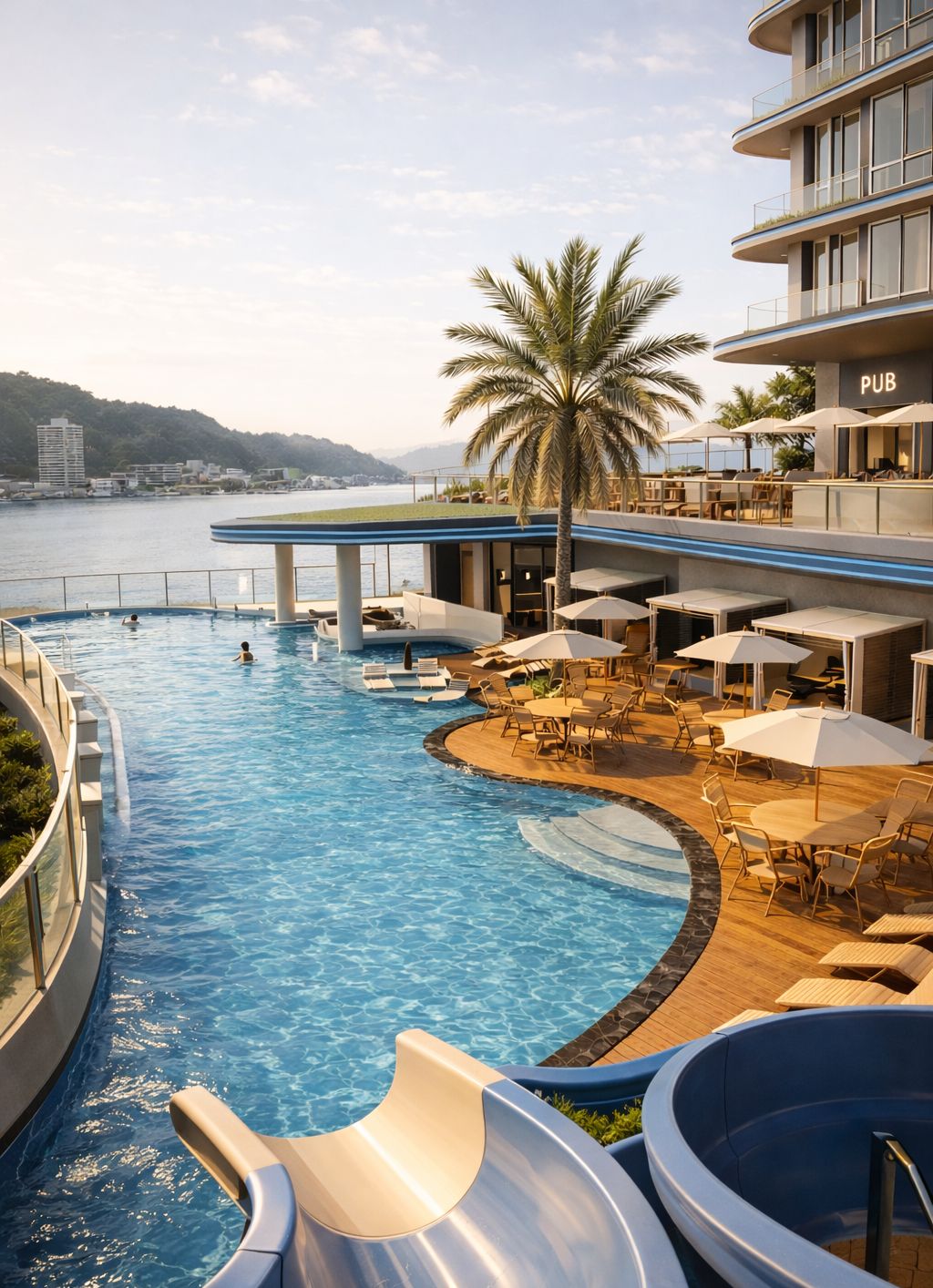 Piscina com toboágua, deck de madeira e pub ao fundo