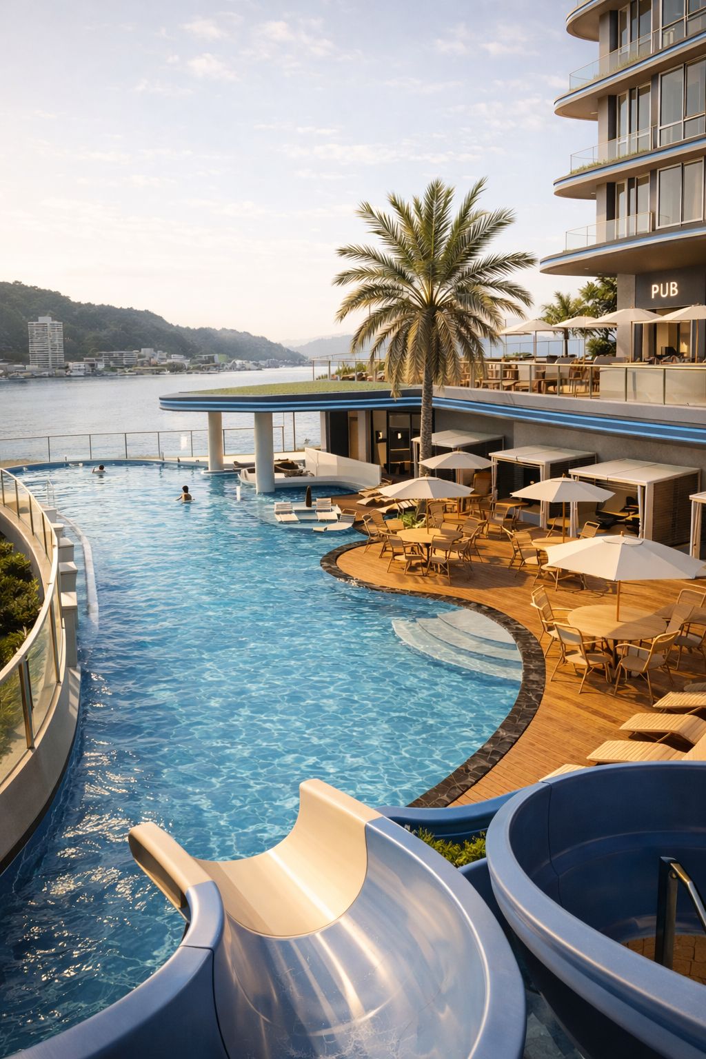 Deck de lazer ao entardecer, com piscina e palmeira