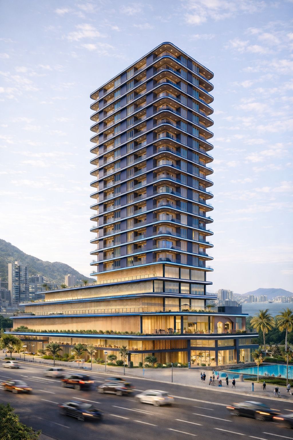 Implantação da torre vista da avenida, com o embasamento comercial