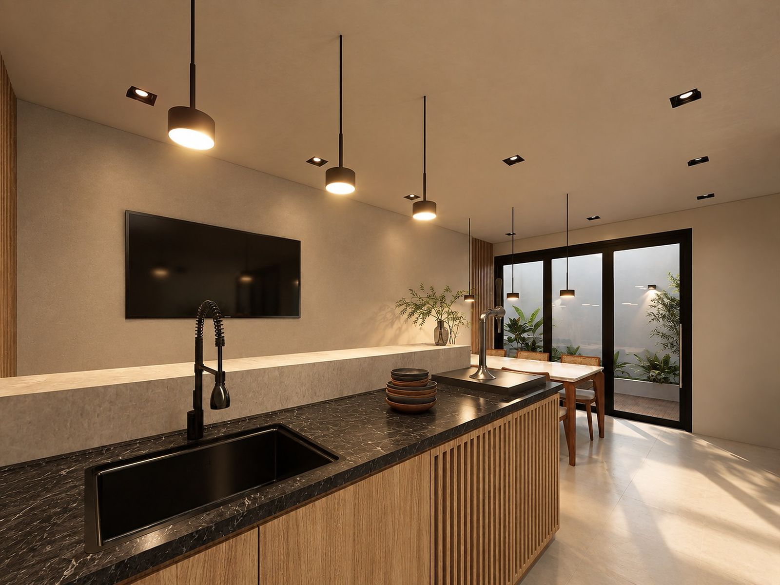 Área gourmet detalhada pelo LODI Studio, com ilha central em quartzo