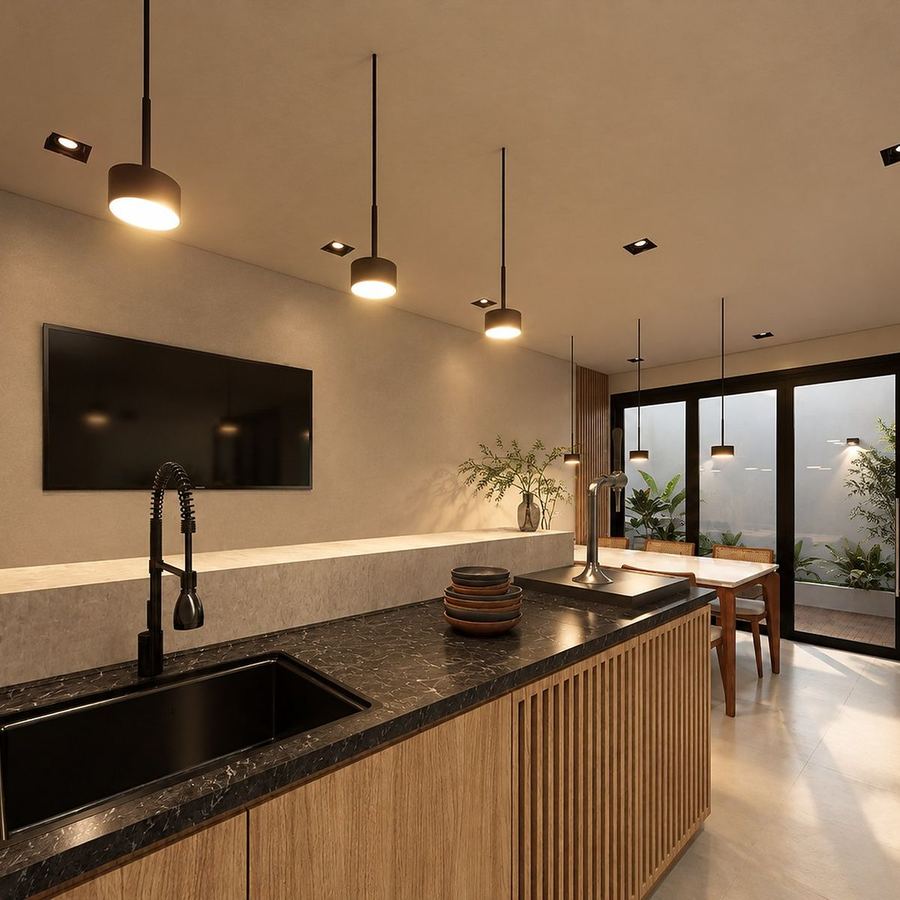 Ilha central da área gourmet, com bancada em quartzo, cooktop e pendentes