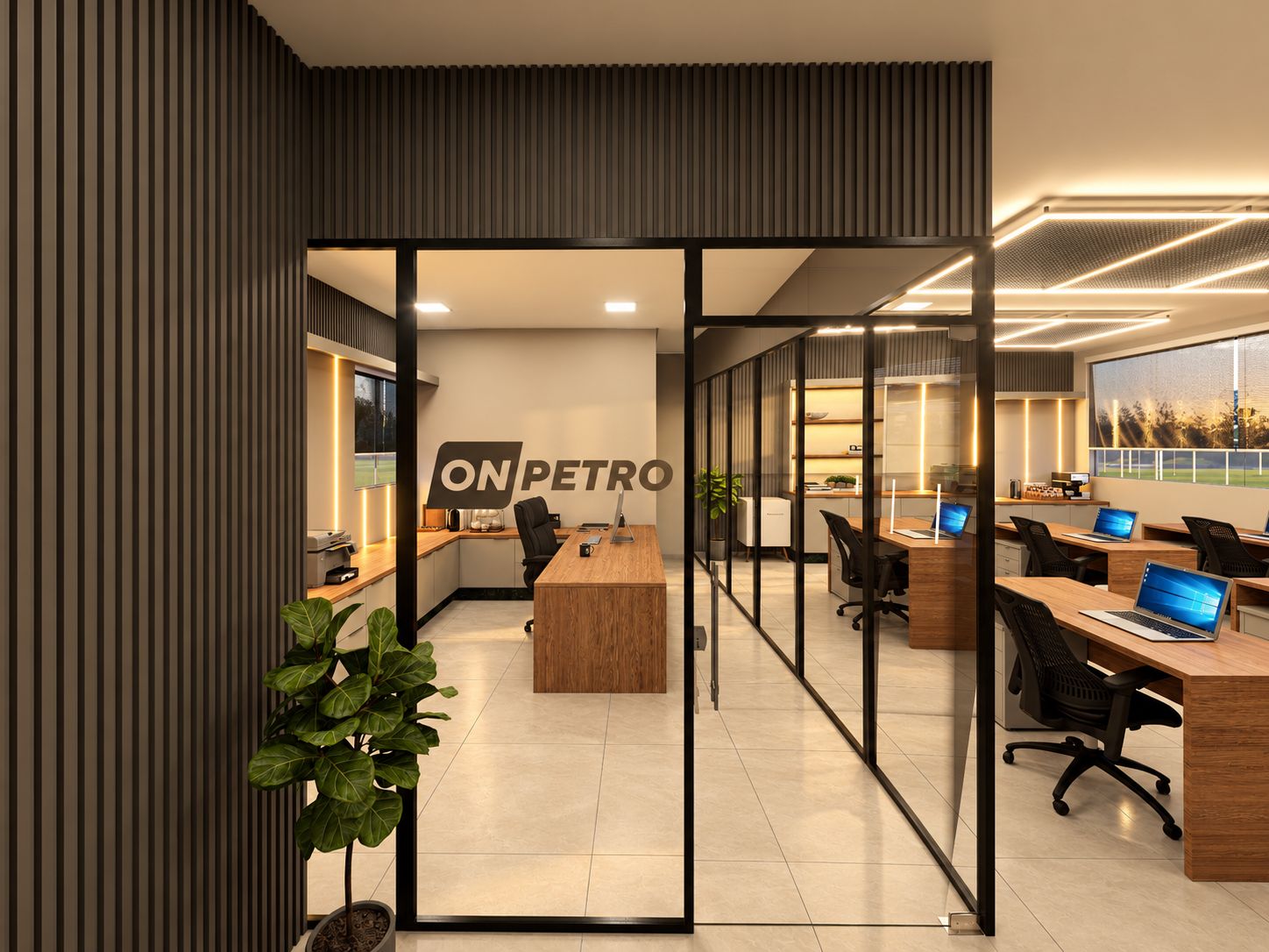 Entrada do On Petro, com divisória de vidro em estrutura metálica preta