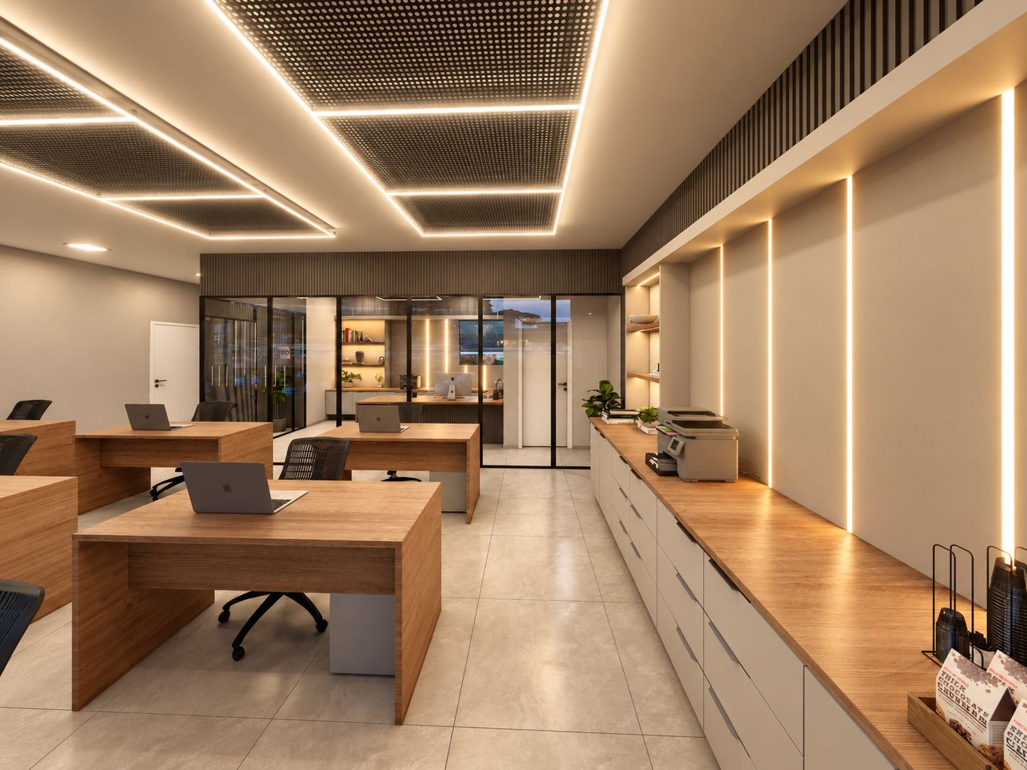 Bancada lateral contínua com nichos iluminados acima