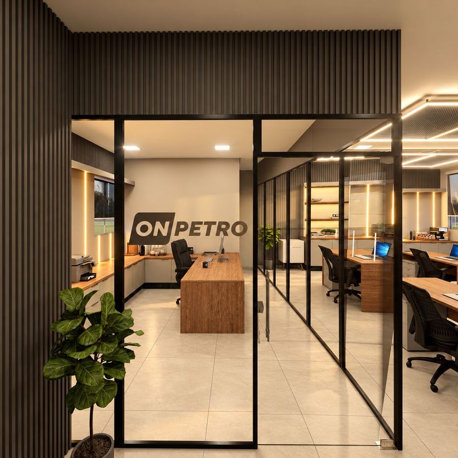 Entrada do On Petro, com divisória de vidro em estrutura metálica preta