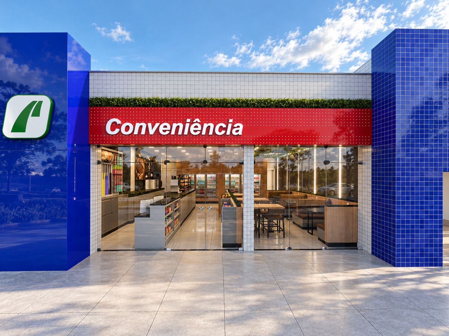 Fachada da conveniência do Posto Potencial, com jardim vertical e letreiro