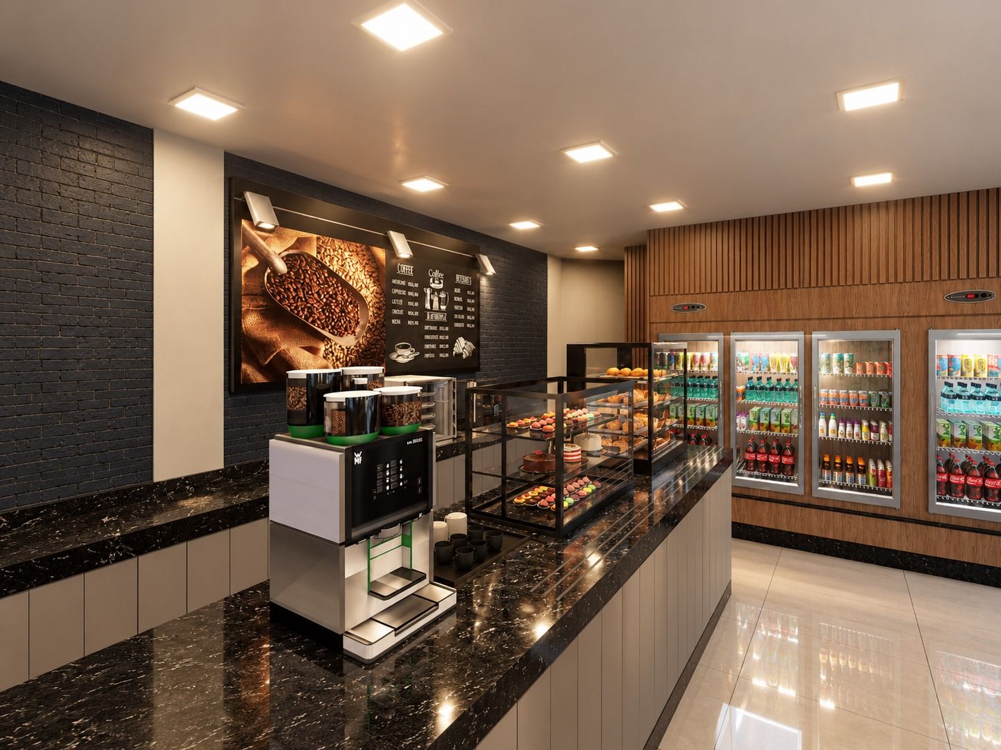 Ilha da cafeteria com vitrine, máquina de café e painel de tijolinho
