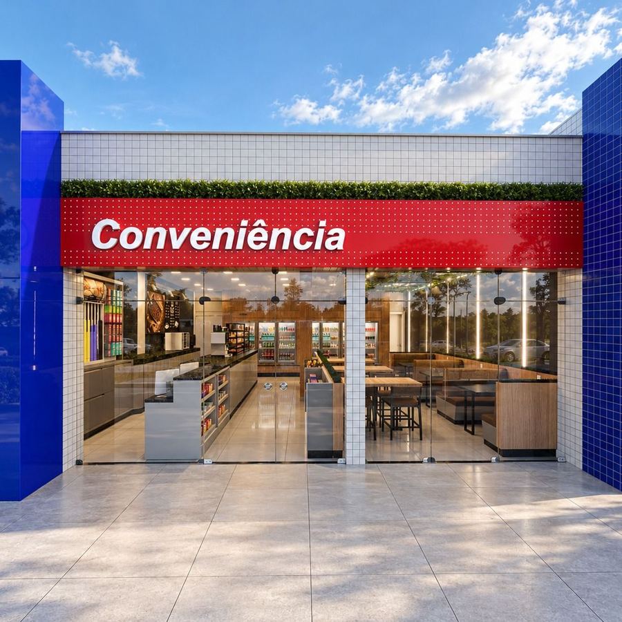 Fachada da conveniência do Posto Potencial, com jardim vertical e letreiro