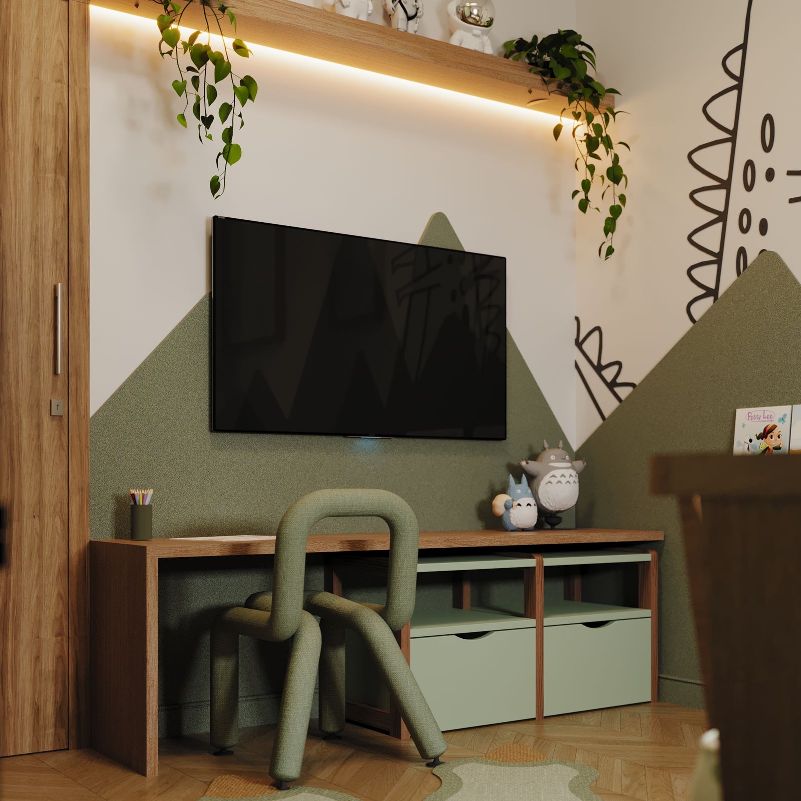 Quarto infantil com montanhas pintadas na parede, bancada de estudo e TV