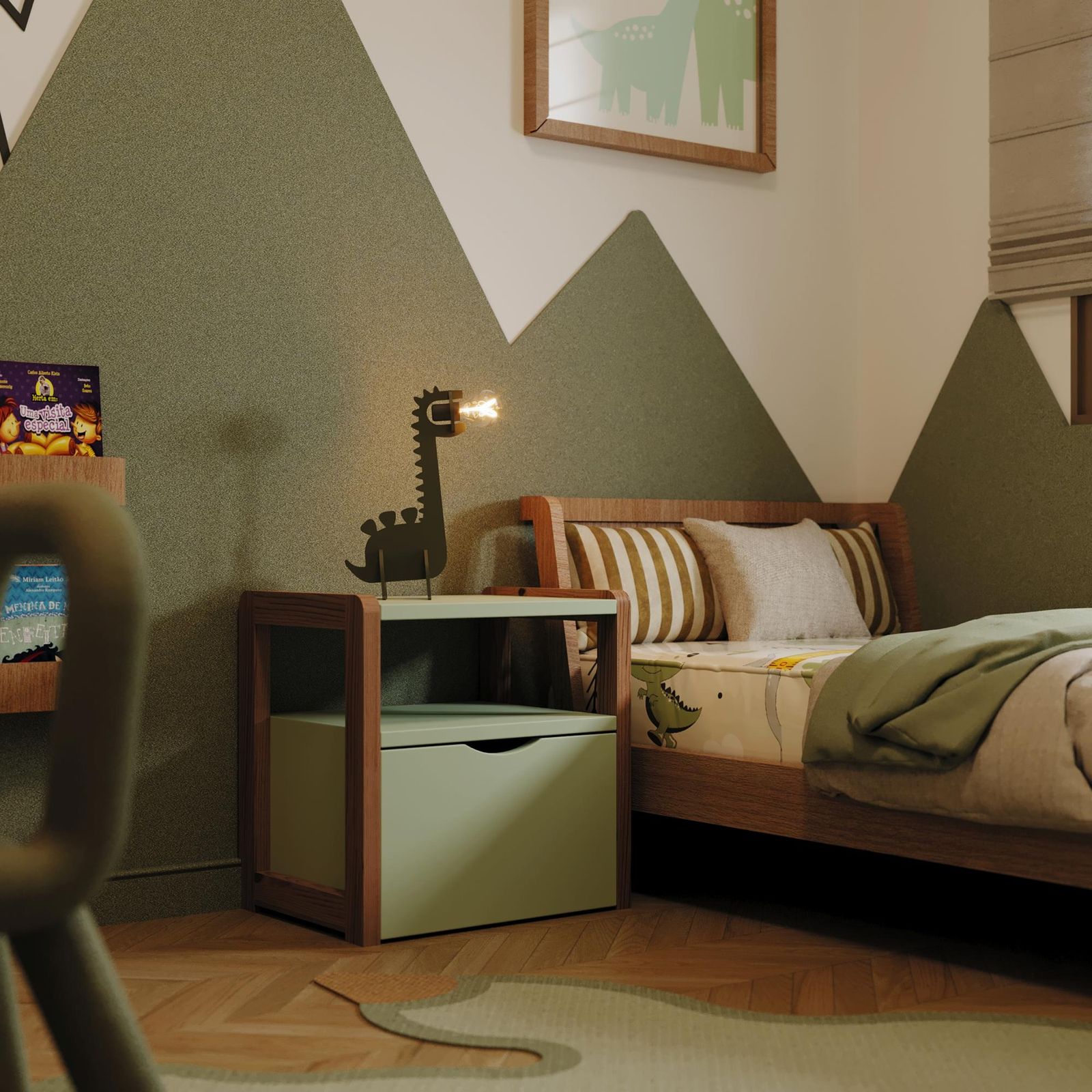 Cama infantil com criado-mudo e luminária articulada