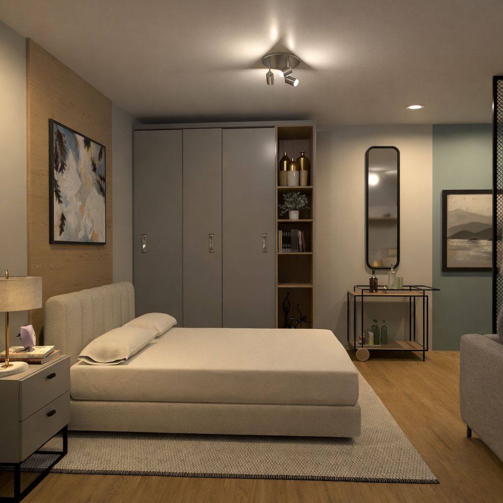 Vista do estar em direção à cama, com home office na lateral